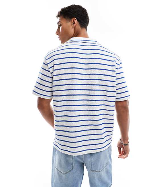 ASOS DESIGN Relaxed Polo With Revere Collar In Textured Blue And White Stripe