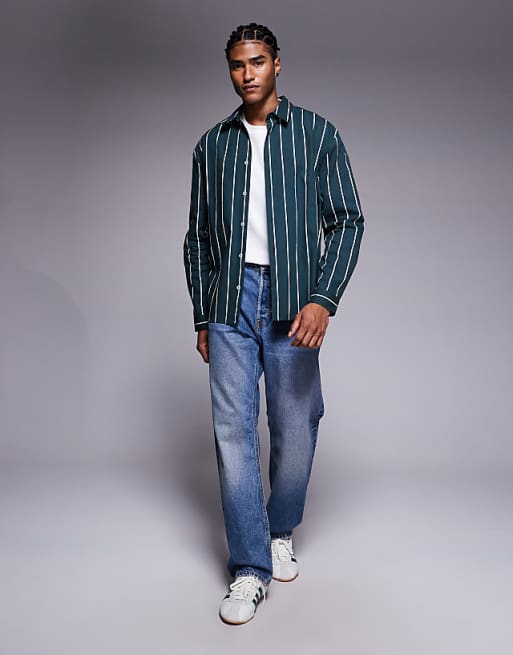 ASOS DESIGN Relaxed Poplin Shirt In Green Stripe