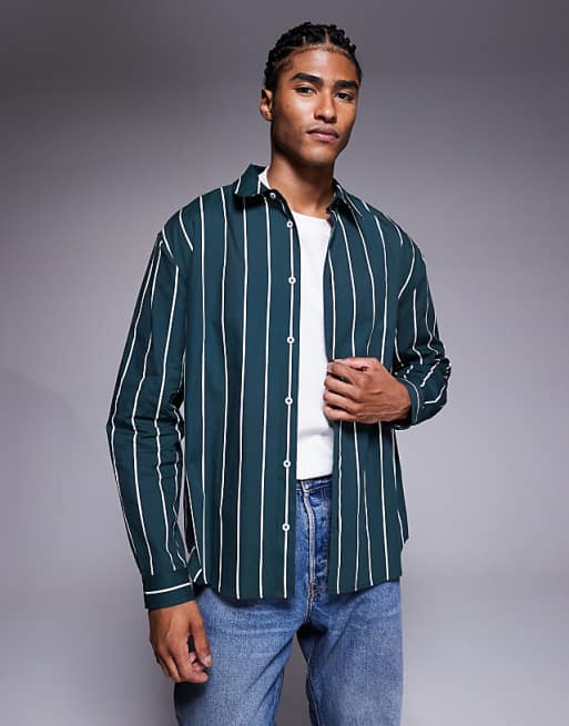ASOS DESIGN relaxed poplin shirt in green stripe