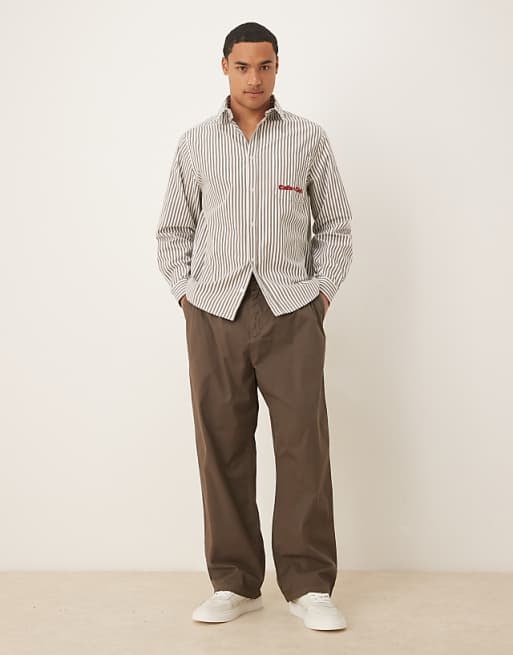 ASOS DESIGN Relaxed Poplin Shirt With Chest Embroidery In Brown Stripe