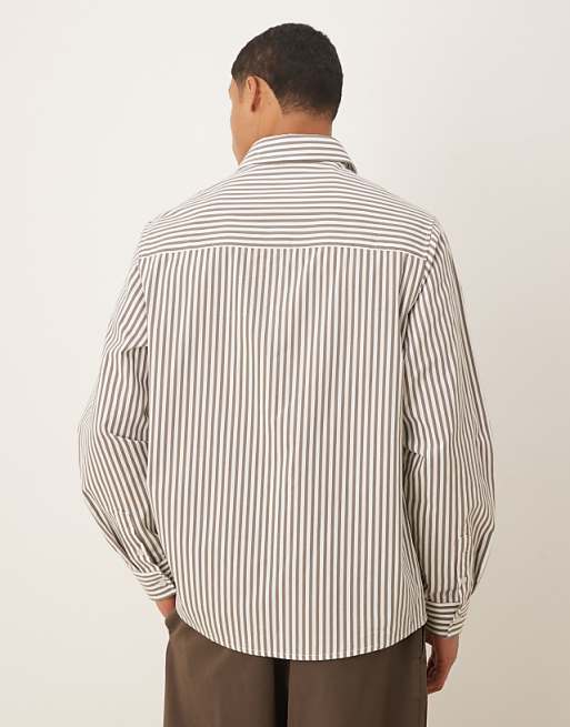 ASOS DESIGN Relaxed Poplin Shirt With Chest Embroidery In Brown Stripe