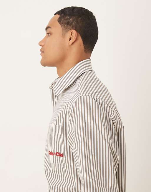 ASOS DESIGN Relaxed Poplin Shirt With Chest Embroidery In Brown Stripe
