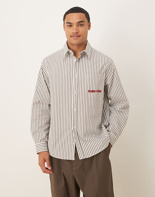 ASOS DESIGN relaxed poplin shirt with chest embroidery in brown stripe