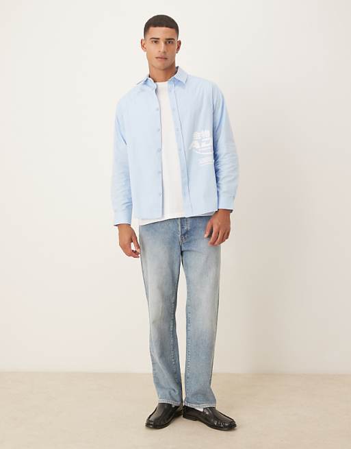 ASOS DESIGN Relaxed Poplin Shirt With Square Collar And Print In Blue