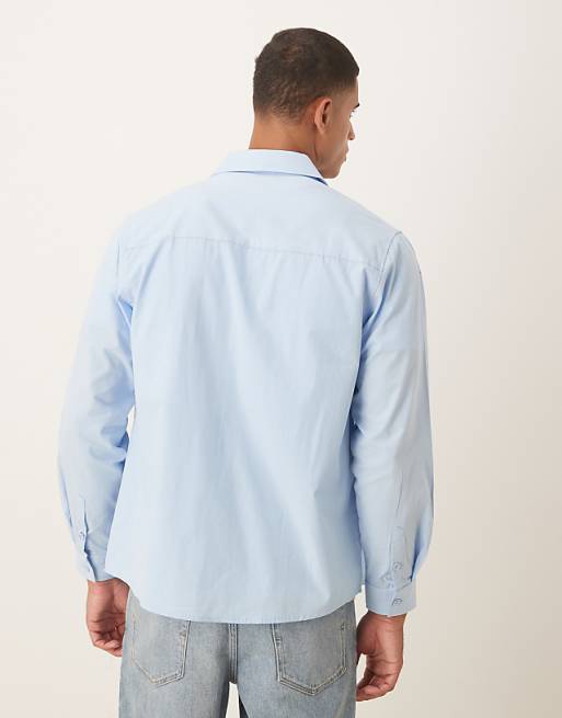 ASOS DESIGN Relaxed Poplin Shirt With Square Collar And Print In Blue