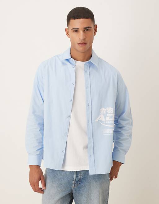 ASOS DESIGN relaxed poplin shirt with square collar and print in blue