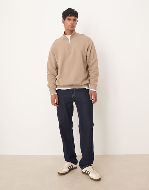 ASOS DESIGN Relaxed Quarter Zip Sweatshirt In Beige