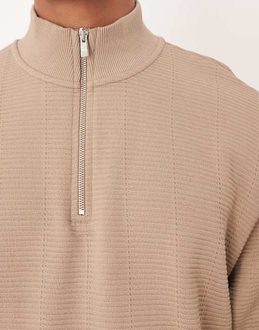 ASOS DESIGN Relaxed Quarter Zip Sweatshirt In Beige