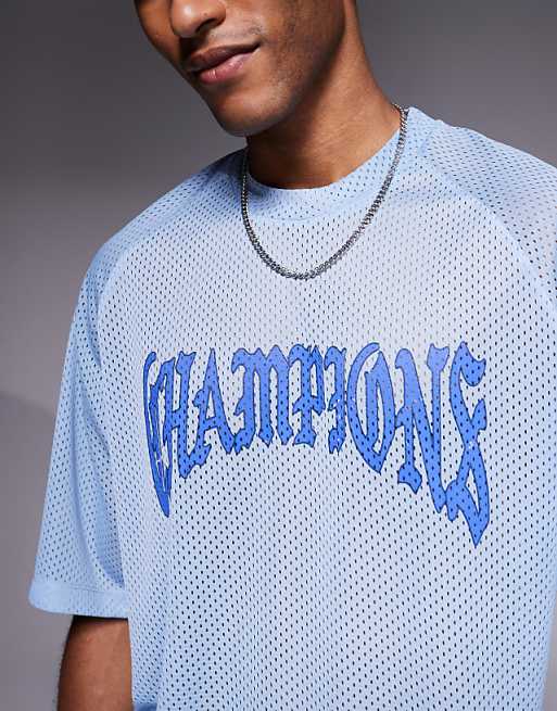 ASOS DESIGN Relaxed Raglan T-shirt With Champions Graphic In Blue Airtex