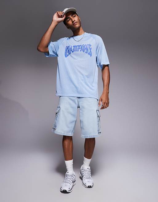 ASOS DESIGN Relaxed Raglan T-shirt With Champions Graphic In Blue Airtex