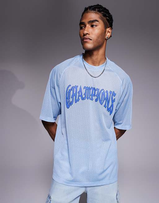 ASOS DESIGN relaxed raglan t-shirt with champions graphic in blue airtex