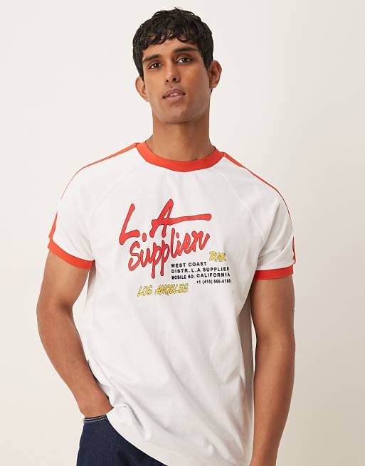 ASOS DESIGN relaxed raglan t-shirt with contrast collar and city graphic in white