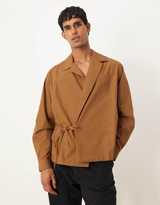ASOS DESIGN relaxed revere collar with side tie in light brown