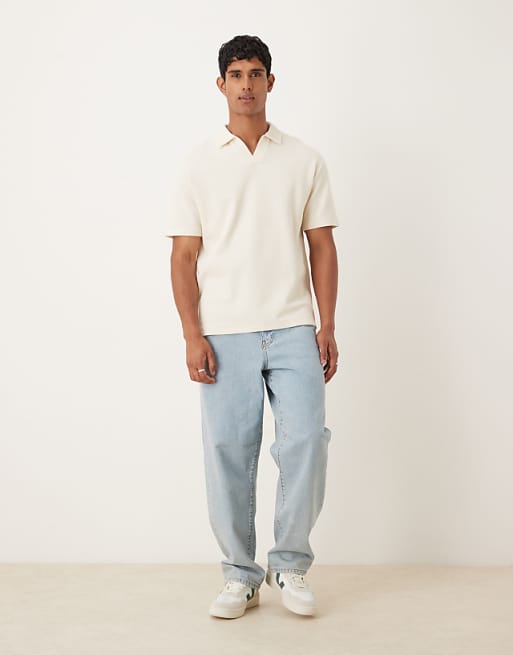 ASOS DESIGN Relaxed Revere Polo In Cream Waffle