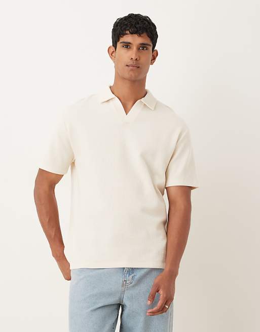 ASOS DESIGN relaxed revere polo in cream waffle