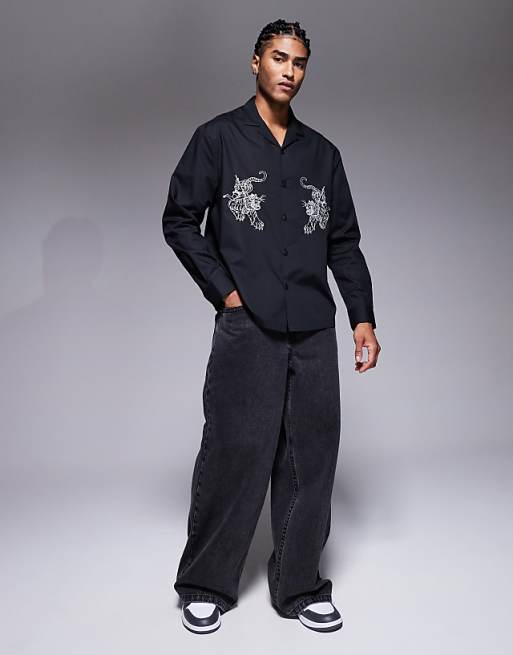 ASOS DESIGN Relaxed Revere Poplin Shirt With Embroidery In Black
