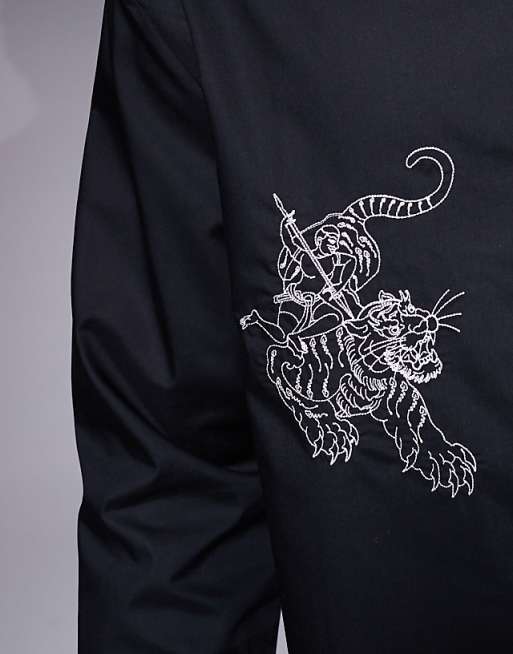 ASOS DESIGN Relaxed Revere Poplin Shirt With Embroidery In Black