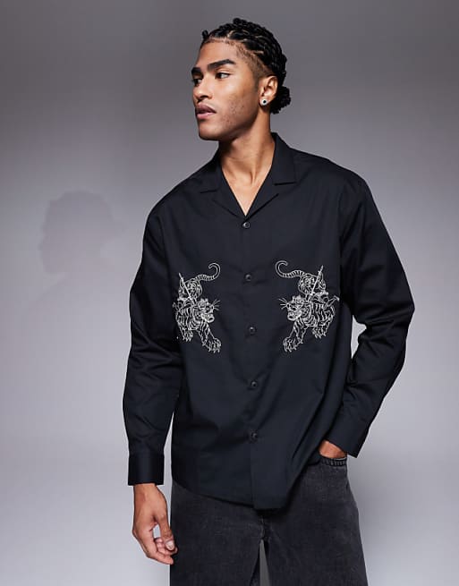 ASOS DESIGN relaxed revere poplin shirt with embroidery in black