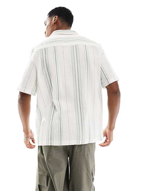 ASOS DESIGN Relaxed Revere Shirt In Basket Weave Stripe In Green And White