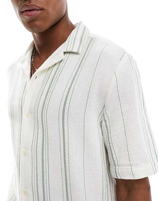 ASOS DESIGN Relaxed Revere Shirt In Basket Weave Stripe In Green And White