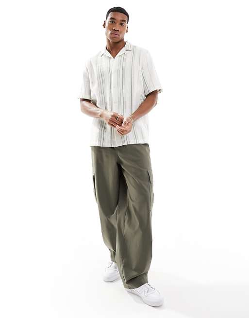 ASOS DESIGN Relaxed Revere Shirt In Basket Weave Stripe In Green And White