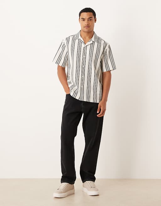 ASOS DESIGN Relaxed Revere Shirt In Beige And Black Stripe