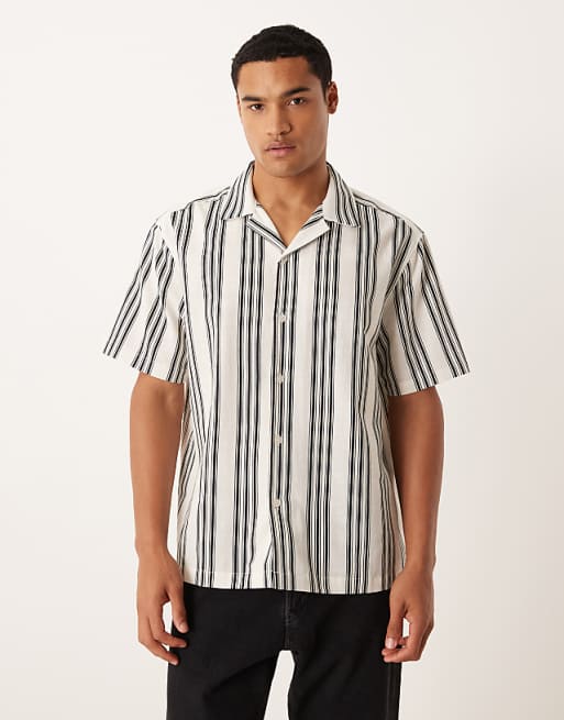 ASOS DESIGN relaxed revere shirt in beige and black stripe