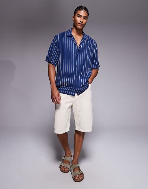 ASOS DESIGN Relaxed Revere Shirt In Navy Pinstripe
