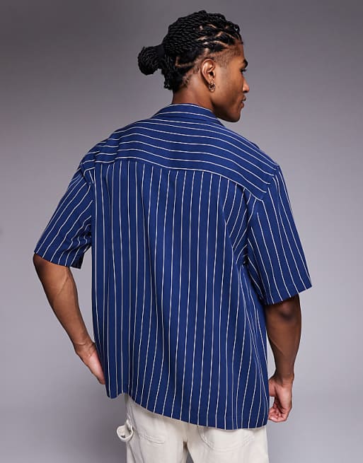 ASOS DESIGN Relaxed Revere Shirt In Navy Pinstripe