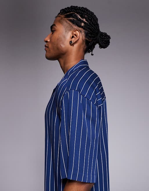 ASOS DESIGN Relaxed Revere Shirt In Navy Pinstripe