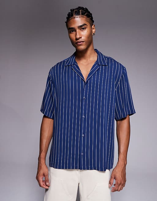 ASOS DESIGN relaxed revere shirt in navy pinstripe
