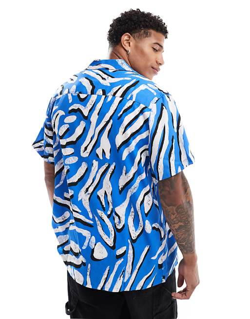 ASOS DESIGN Relaxed Revere Shirt With Animal Print In Blue