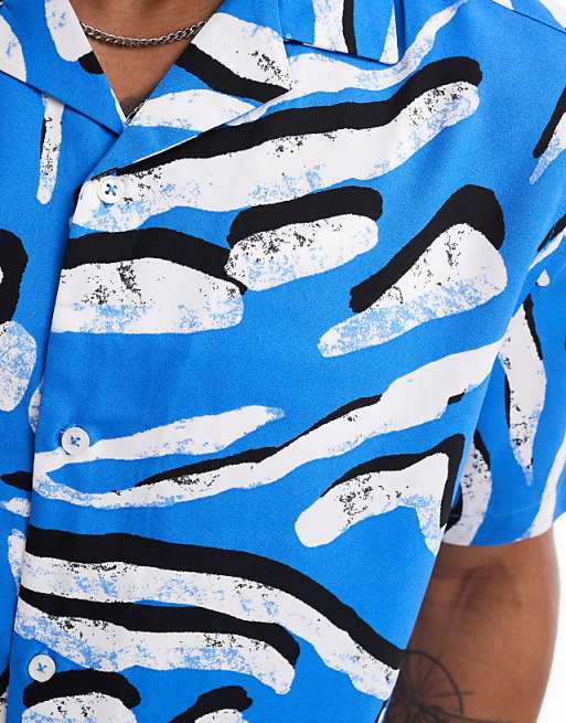 ASOS DESIGN Relaxed Revere Shirt With Animal Print In Blue