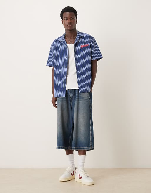ASOS DESIGN Relaxed Revere Shirt With Chest Embroidery In Blue Stripe