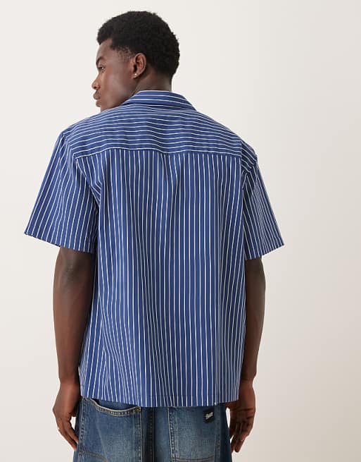 ASOS DESIGN Relaxed Revere Shirt With Chest Embroidery In Blue Stripe