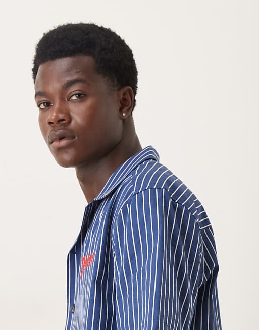 ASOS DESIGN Relaxed Revere Shirt With Chest Embroidery In Blue Stripe