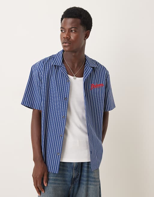 ASOS DESIGN relaxed revere shirt with chest embroidery in blue stripe