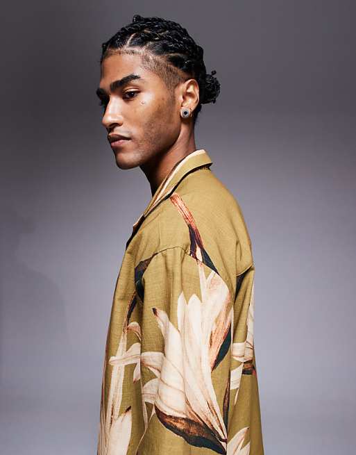 ASOS DESIGN Relaxed Revere Shirt With Floral Print In Khaki