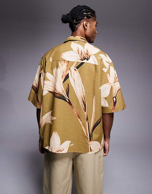 ASOS DESIGN Relaxed Revere Shirt With Floral Print In Khaki