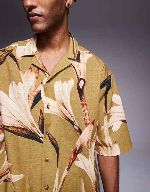 ASOS DESIGN Relaxed Revere Shirt With Floral Print In Khaki