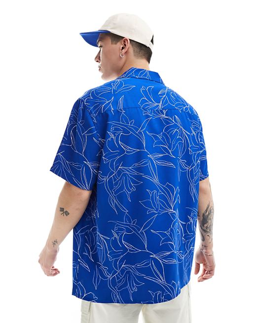 ASOS DESIGN Relaxed Revere Shirt With Floral Print In Blue