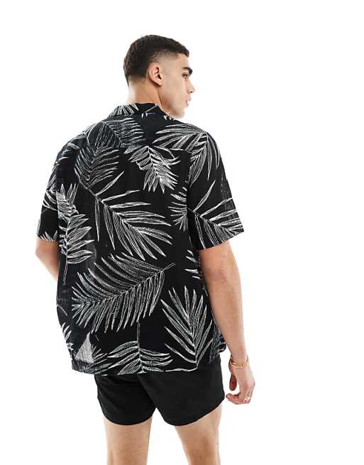 ASOS DESIGN Relaxed Revere Shirt With Leaf Print In Black