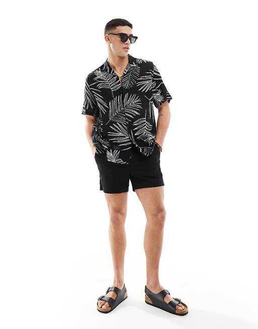ASOS DESIGN Relaxed Revere Shirt With Leaf Print In Black