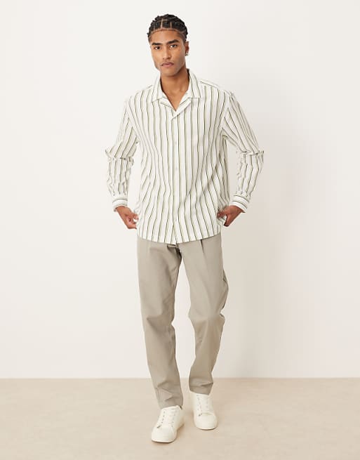 ASOS DESIGN Relaxed Revere Stripe Shirt In Beige