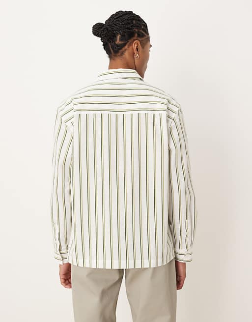 ASOS DESIGN Relaxed Revere Stripe Shirt In Beige