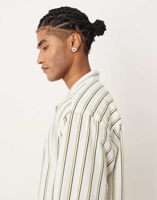 ASOS DESIGN Relaxed Revere Stripe Shirt In Beige