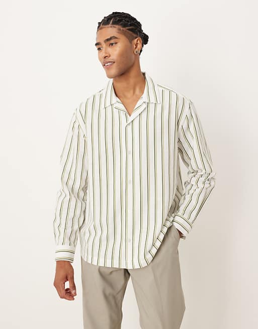 ASOS DESIGN relaxed revere stripe shirt in beige