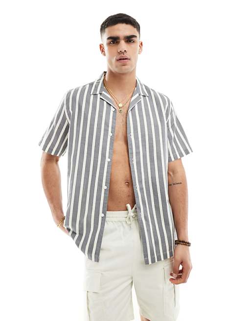 ASOS DESIGN relaxed revere stripe shirt in grey