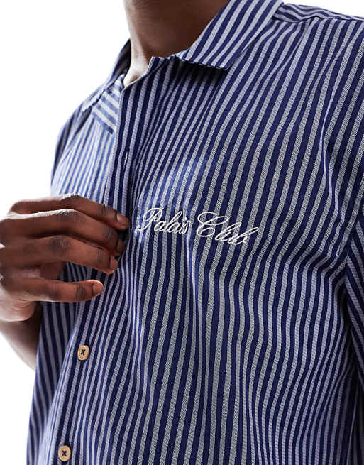 ASOS DESIGN Relaxed Revere Stripe Shirt With Chest Embroidery In Navy