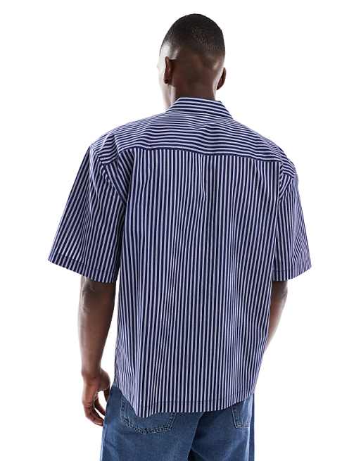 ASOS DESIGN Relaxed Revere Stripe Shirt With Chest Embroidery In Navy